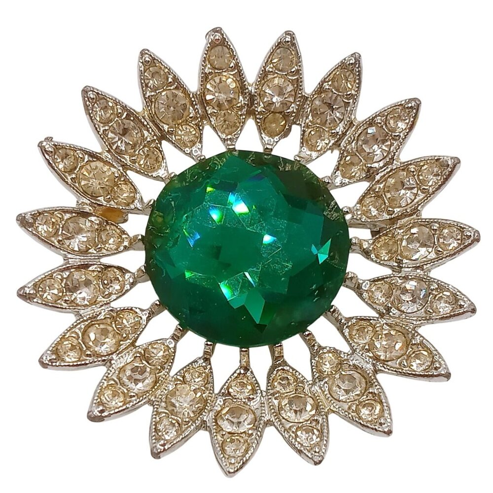 Vintage Sarah Coventry Brooch Starburst Green Stone Clear Rhrinestones Pin